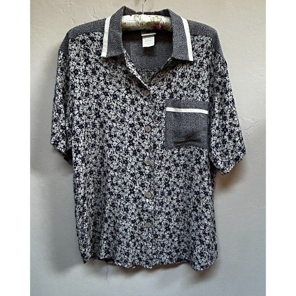 VTG David Wayne Women's Black White Floral Short Sleeve Button Down Shirt Medium